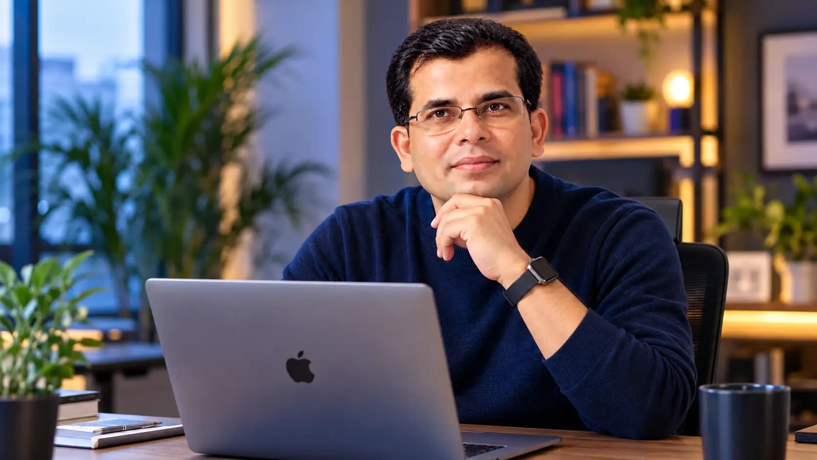 Bishal Saha at his desk with a laptop